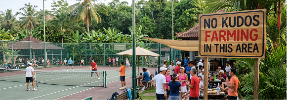 Players on outdoor courts surrounded by palm trees, with a hand-painted wooden sign reading 'No kudos farming in this area'.